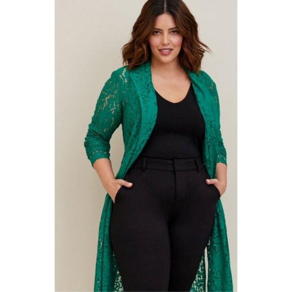 Torrid Floral Lace Trench Coat Duster Cardigan Size 4 / 4X Kelley Green Jacket - Picture 3 of 16